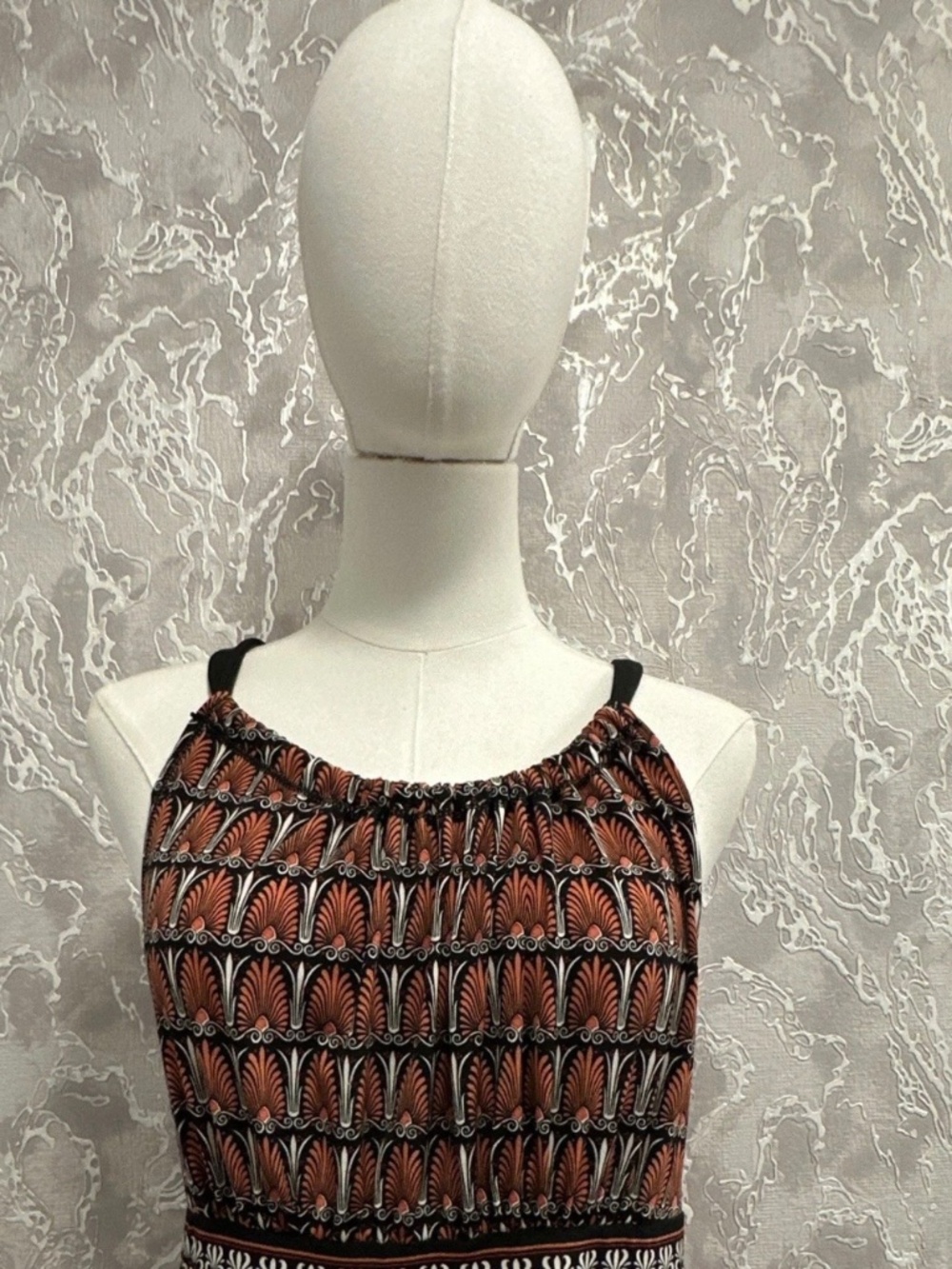 Max Studio Black/Orange/White Geometric A-Line Knit Stretch Dress Sleeveless L